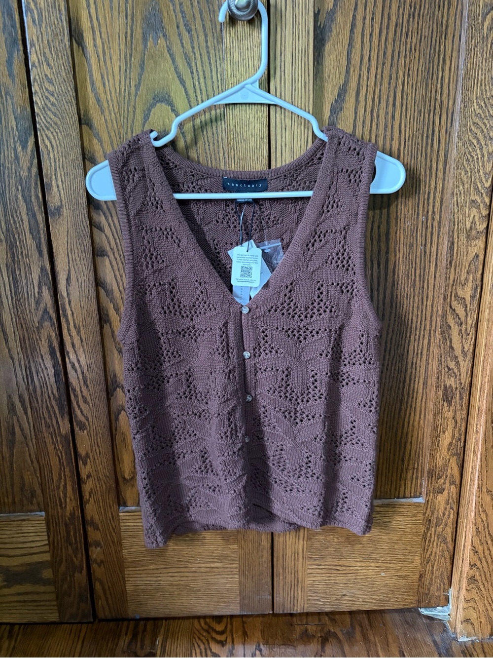 Sanctuary Brown Crochet V-Neck Button Tank